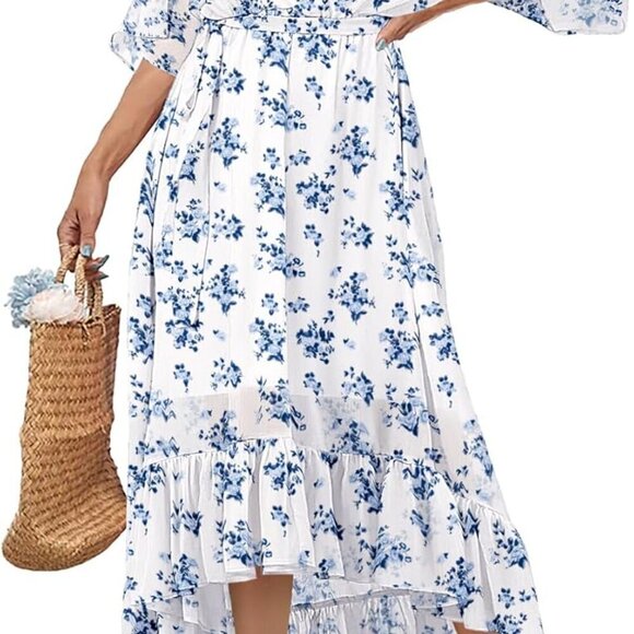 Dresses & Skirts - Women's Floral Boho Maxi Dress 3/4 Sleeve V Neck Tie Waist Casual Elegant